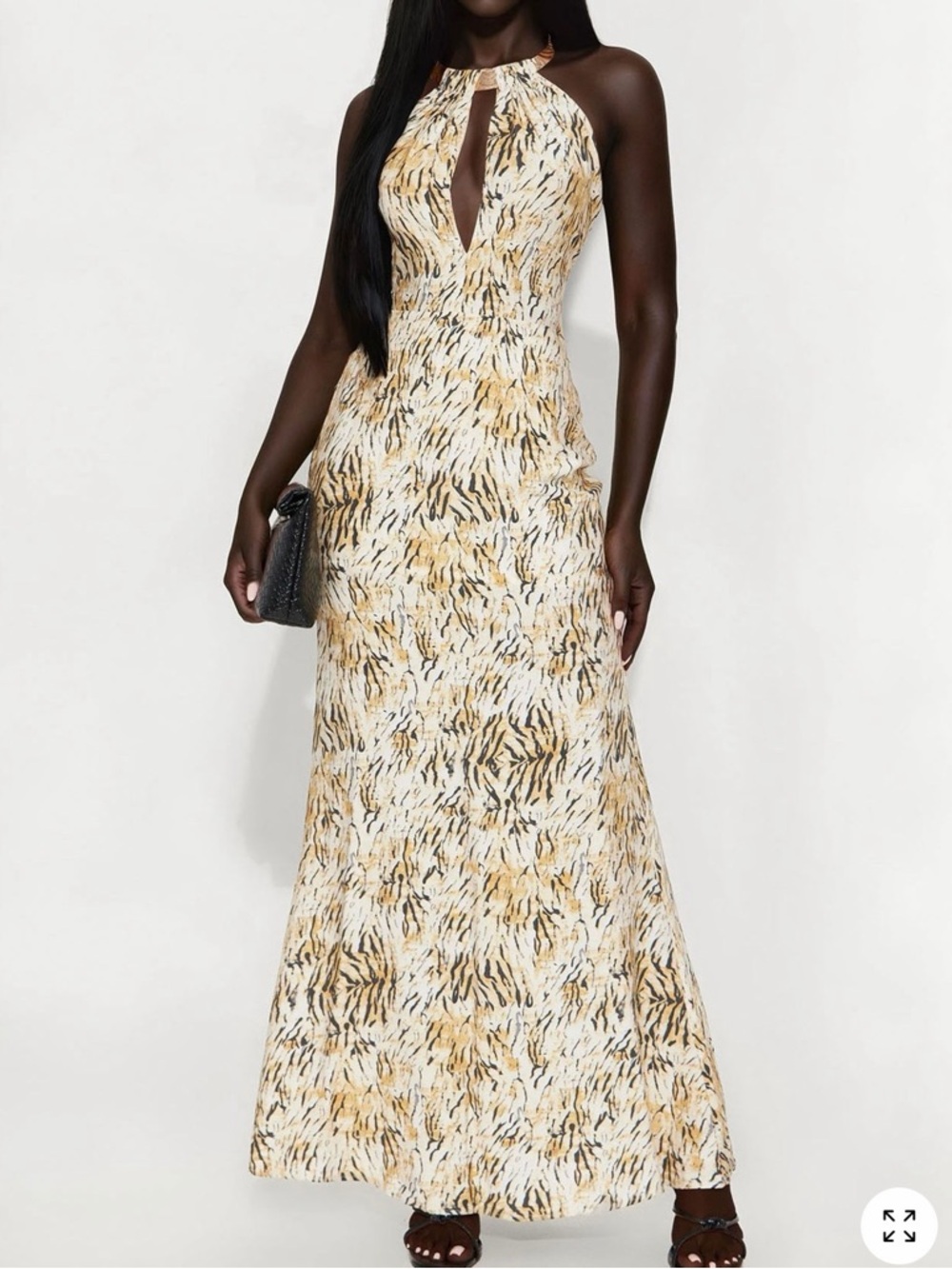 Fashion Nova Halter Maxi Dress in Cream and Gold Print
